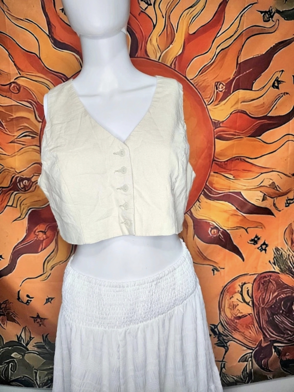 Christian Siriano Linen Blend Cropped Button Vest Cream Size 12